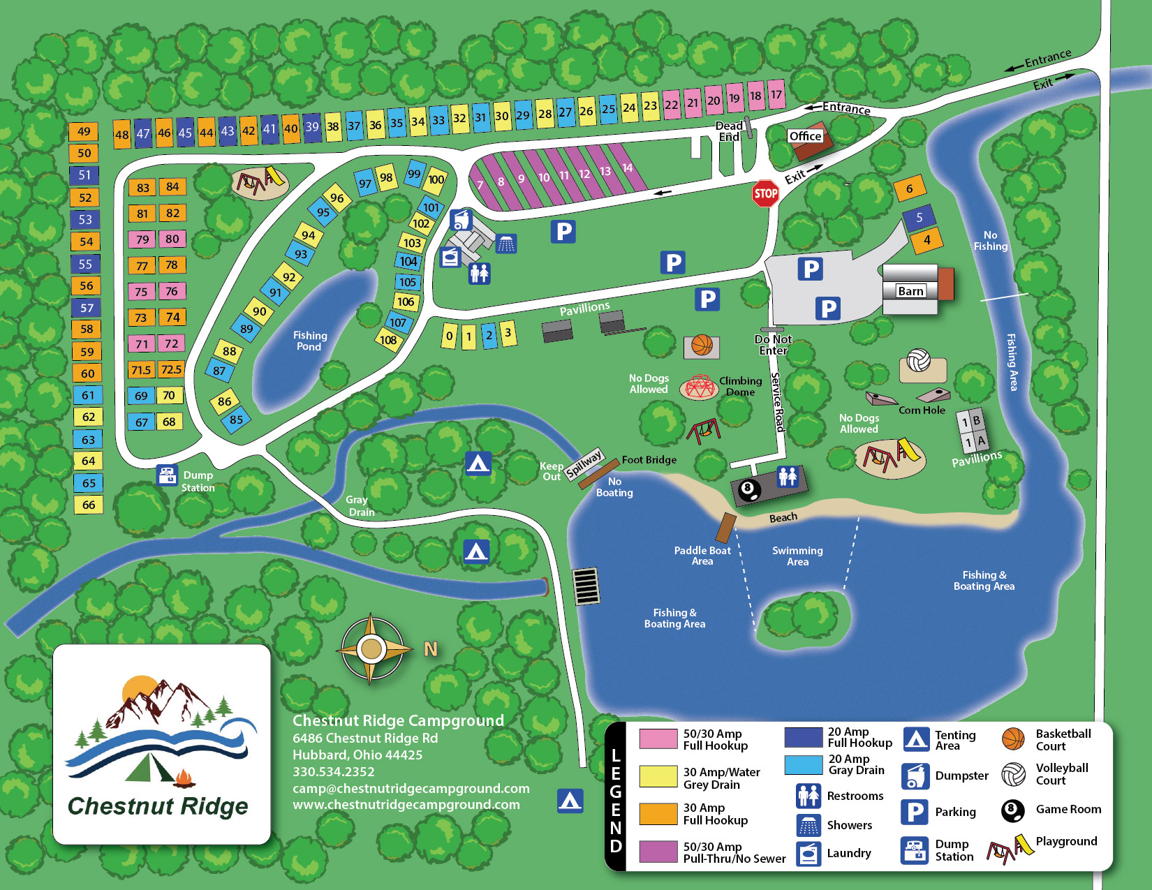 Chestnut Ridge Campground map showing campsite numbers, amenities, and The Barn in Hubbard, Ohio