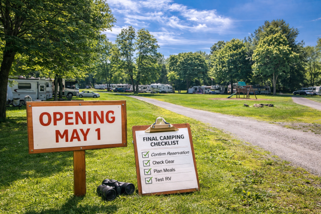 Camping Season Opening Soon at Chestnut Ridge Campfire at a campground with RV and family enjoying early season camping