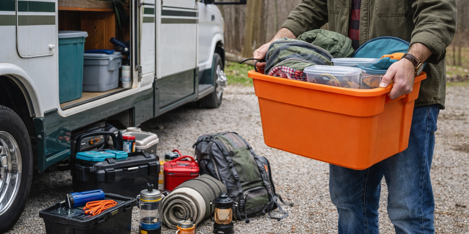 Camper organizing gear and preparing RV for upcoming camping season