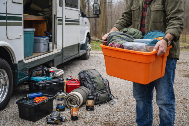 Getting Ready for Camping Season Camper organizing gear and preparing RV for upcoming camping season