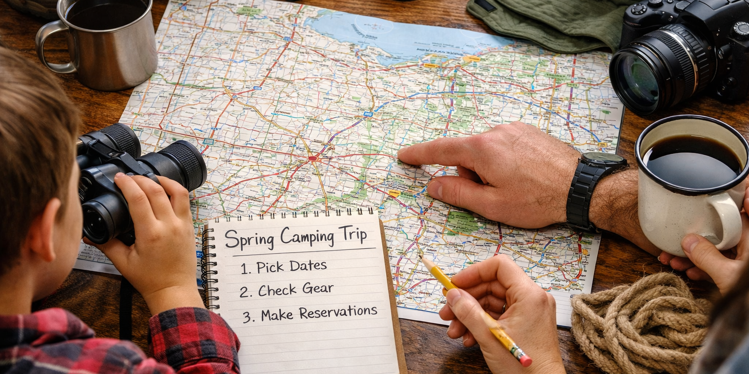 Campground in early spring with RVs and blooming trees