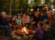 Multi-generational family enjoying a campfire together at a wooded Ohio campground