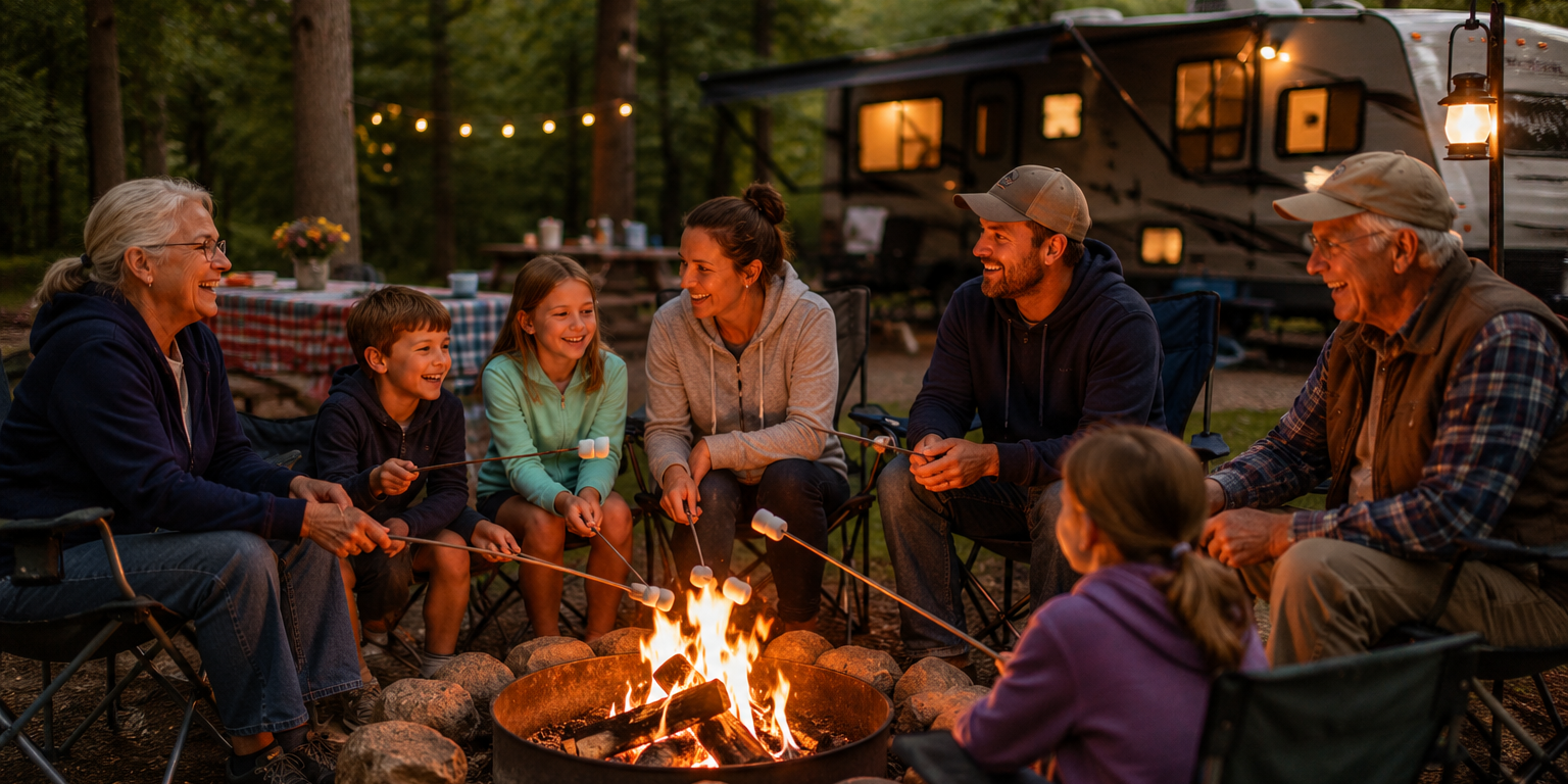 Multi-generational family enjoying a campfire together at a wooded Ohio campground