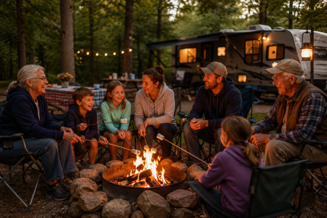 Families Returning to Chestnut Ridge Campground Year After Year Multi-generational family enjoying a campfire together at a wooded Ohio campground