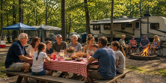 Multi-generational family enjoying a reunion picnic and campfire at Chestnut Ridge Campground in Hubbard, Ohio